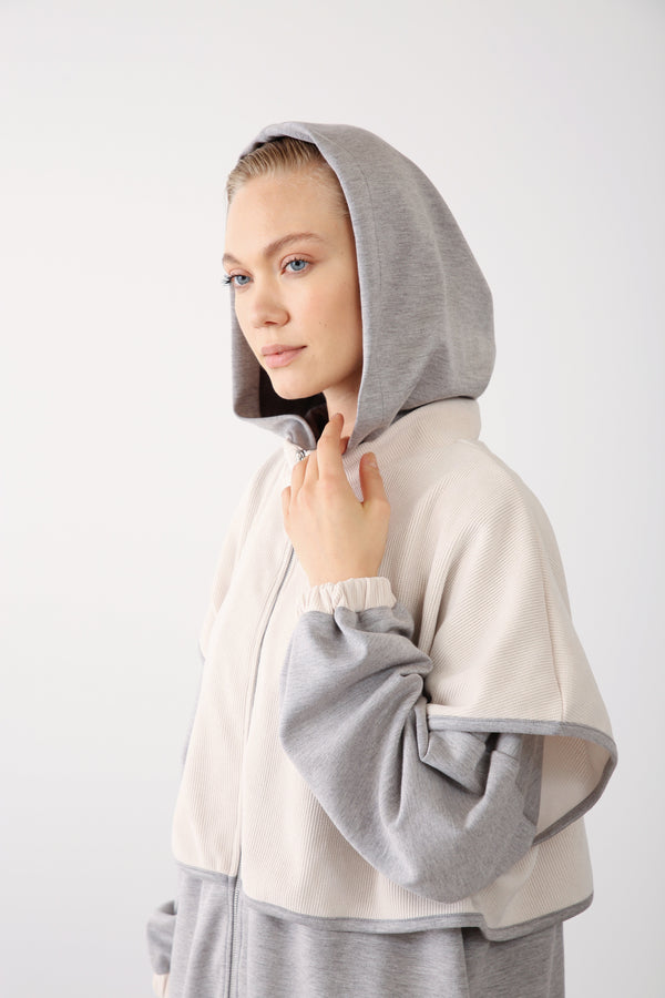 Contrast Hood Zippered Jacket - Grey Melange - QLISHE