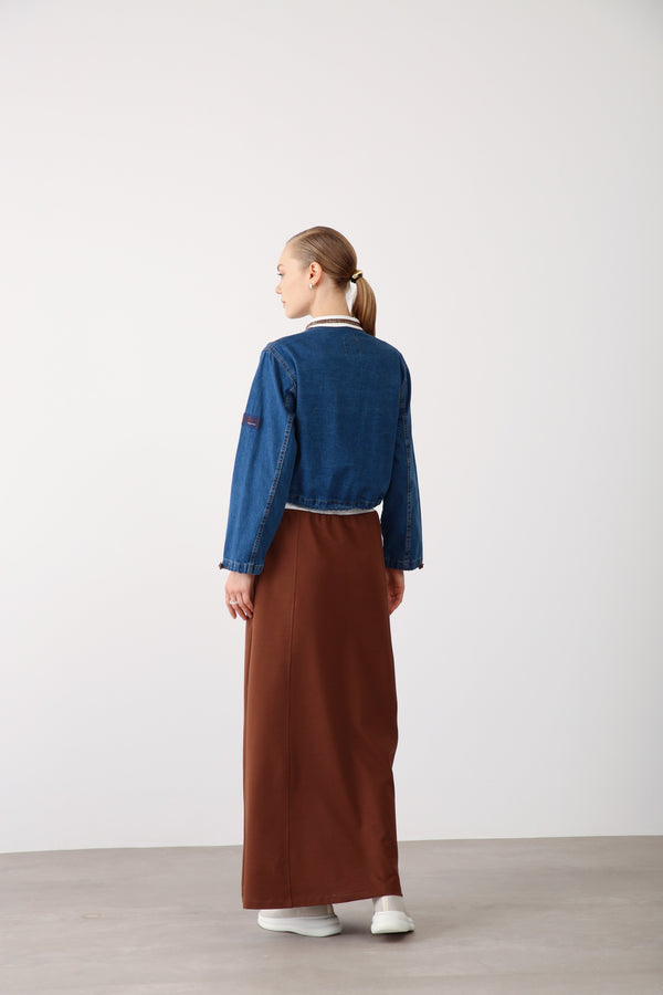 Contrast Waistband And Floral Embroidery Dress - Brown - QLISHE