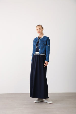 Contrast Waistband And Floral Embroidery Dress - Navy - QLISHE