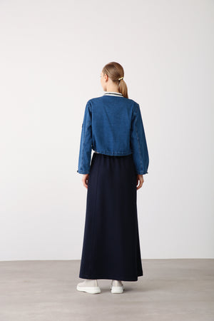 Contrast Waistband And Floral Embroidery Dress - Navy - QLISHE