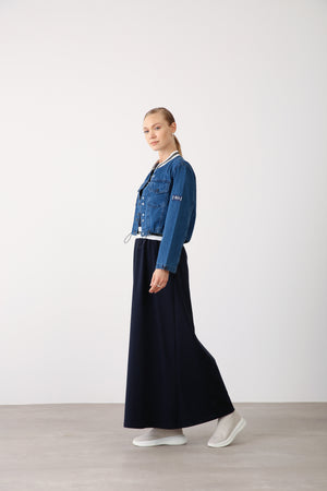 Contrast Waistband And Floral Embroidery Dress - Navy - QLISHE