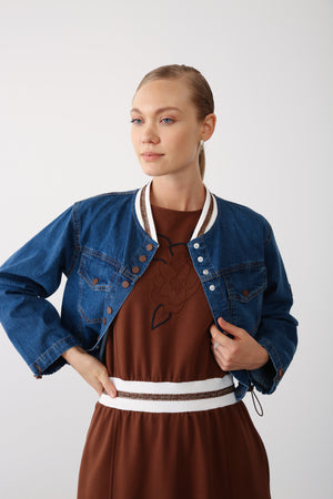Elastic Hem & Snap Fastening Denim Jacket - Brown - QLISHE