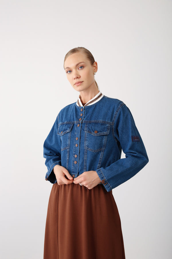Elastic Hem & Snap Fastening Denim Jacket - Brown - QLISHE