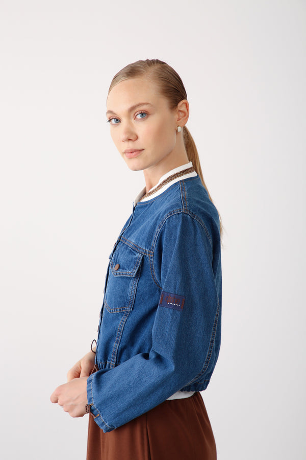 Elastic Hem & Snap Fastening Denim Jacket - Brown - QLISHE