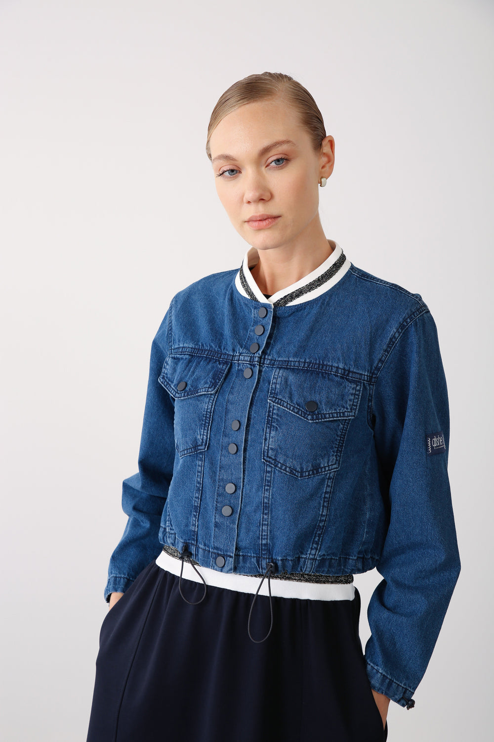 Elastic Hem & Snap Fastening Denim Jacket - Navy - QLISHE