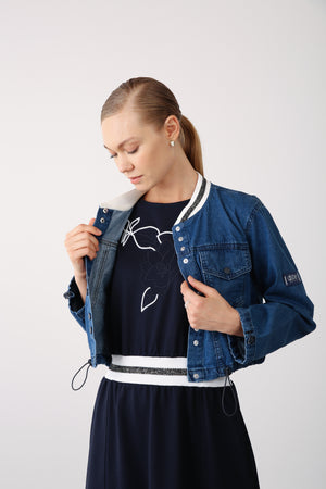 Elastic Hem & Snap Fastening Denim Jacket - Navy - QLISHE