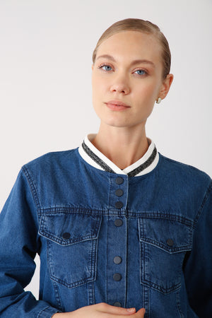 Elastic Hem & Snap Fastening Denim Jacket - Navy - QLISHE