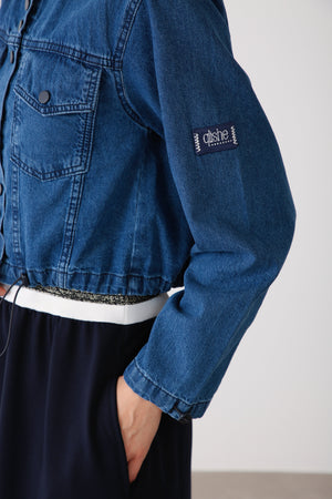 Elastic Hem & Snap Fastening Denim Jacket - Navy - QLISHE