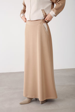 Elastic Waist Pocket Detailed Skirt - Camel - QLISHE