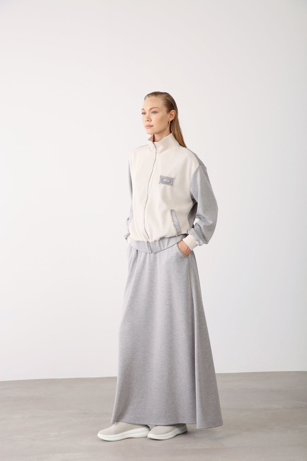 Elastic Waist Pocket Detailed Skirt - Grey Melange - QLISHE
