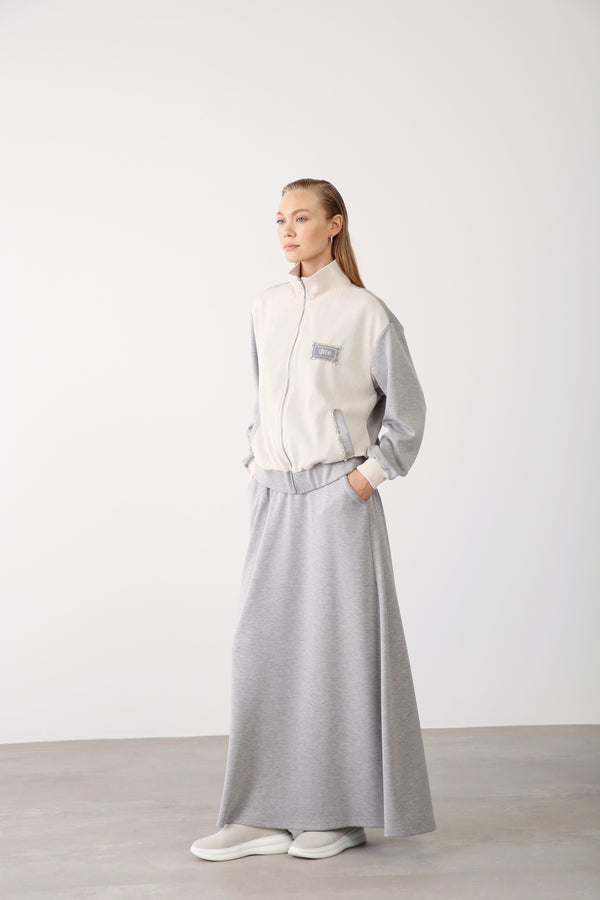 Elastic Waist Pocket Detailed Skirt - Grey Melange - QLISHE