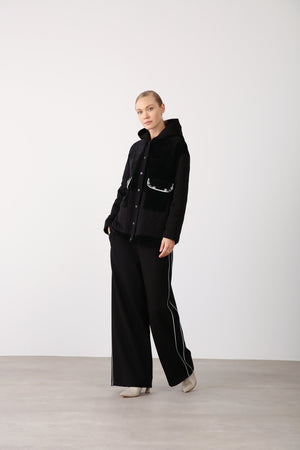 Embroidered Hooded Jacket and Wide - Leg Pants Set – Black - QLISHE