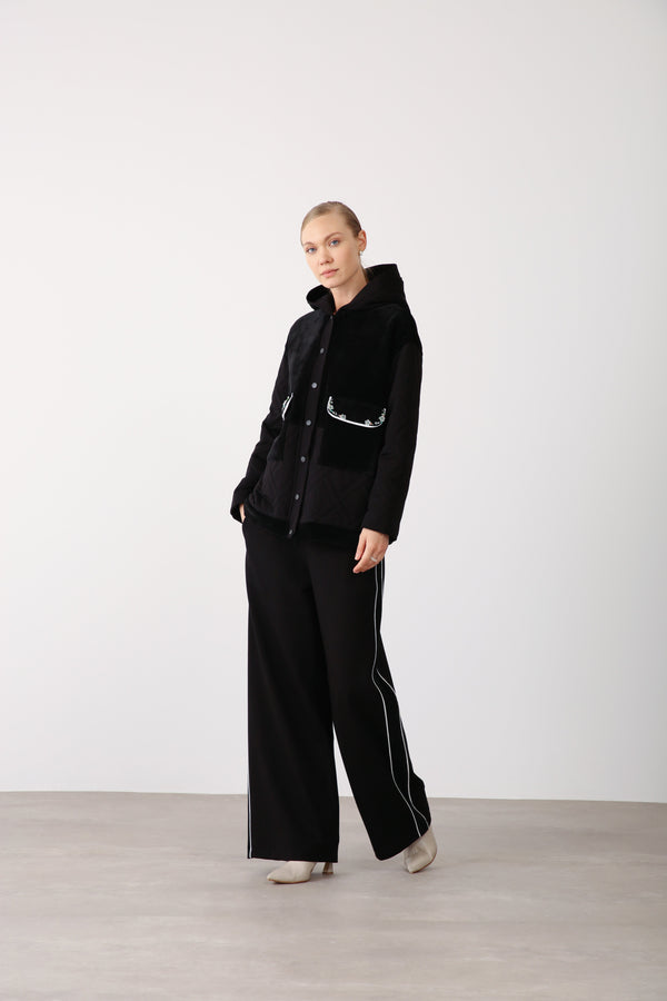 Embroidered Hooded Jacket and Wide - Leg Pants Set – Black - QLISHE
