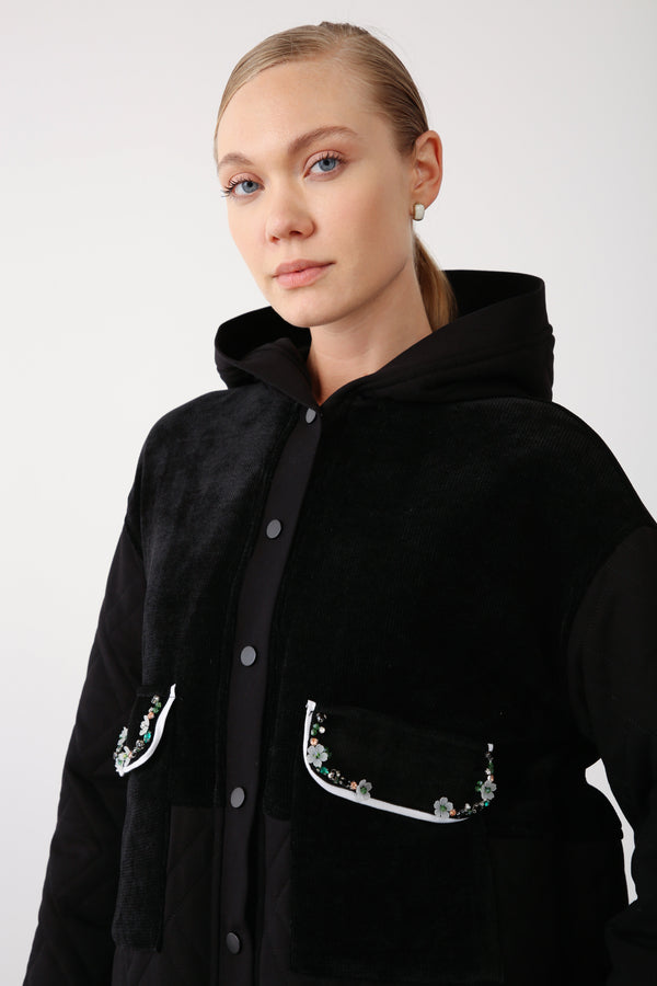 Embroidered Hooded Jacket and Wide - Leg Pants Set – Black - QLISHE