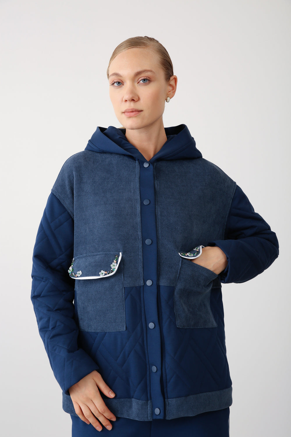 Embroidered Hooded Jacket and Wide - Leg Pants Set – Indigo - QLISHE