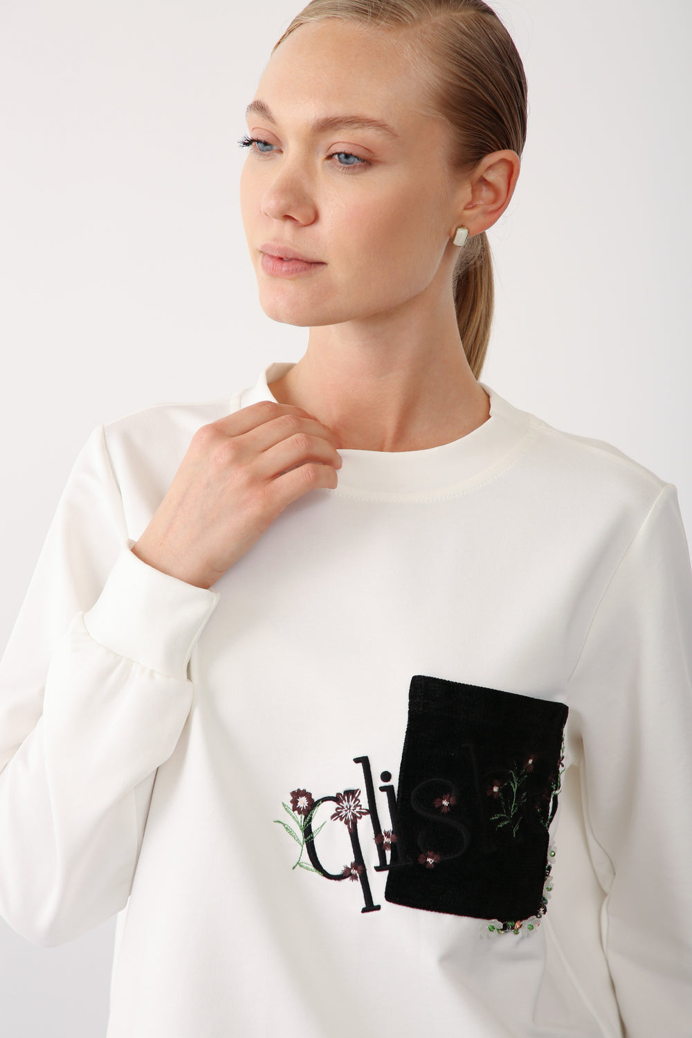 Embroidered Pocket Detail Sweatshirt - Black - QLISHE