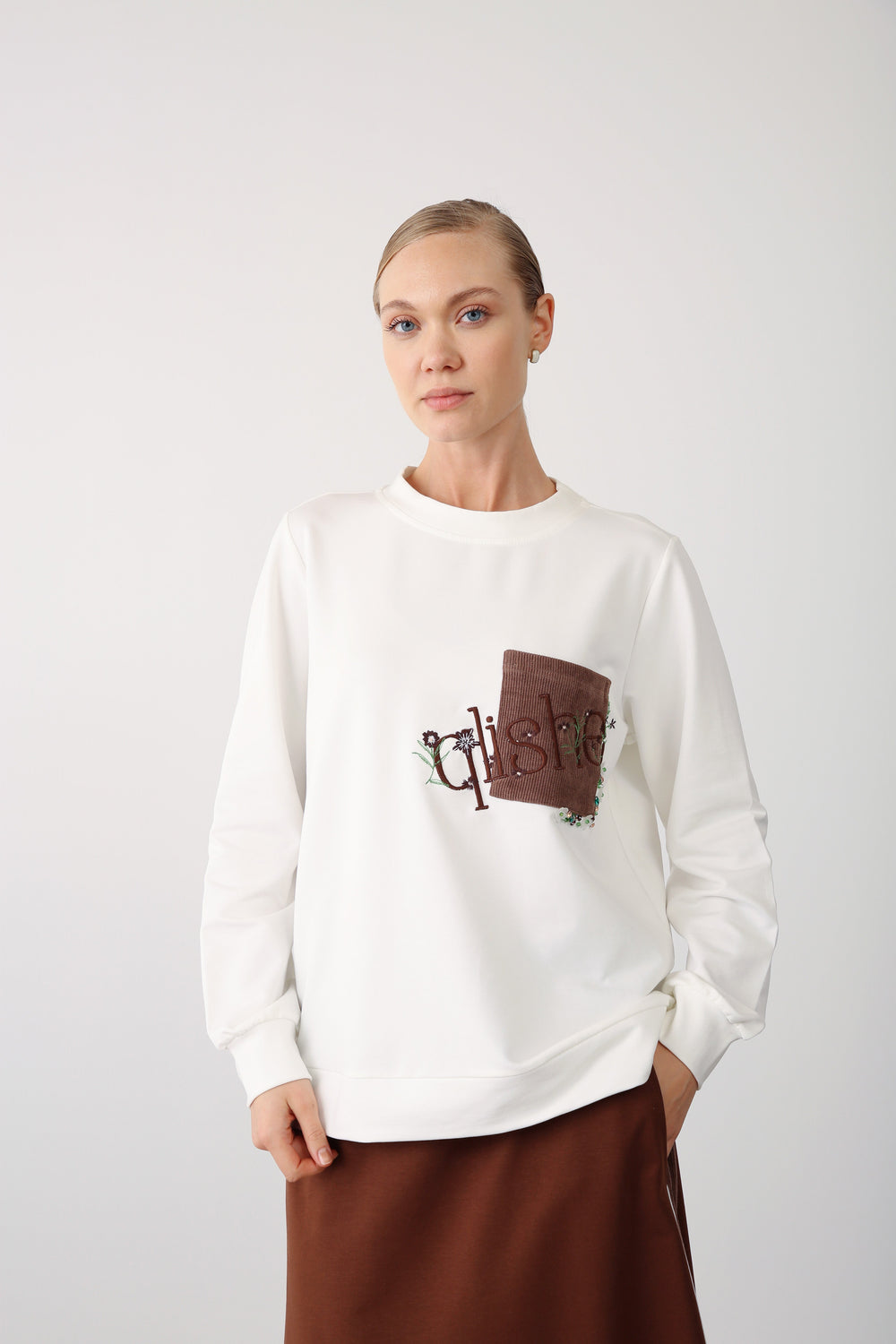 Embroidered Pocket Detail Sweatshirt - Brown - QLISHE