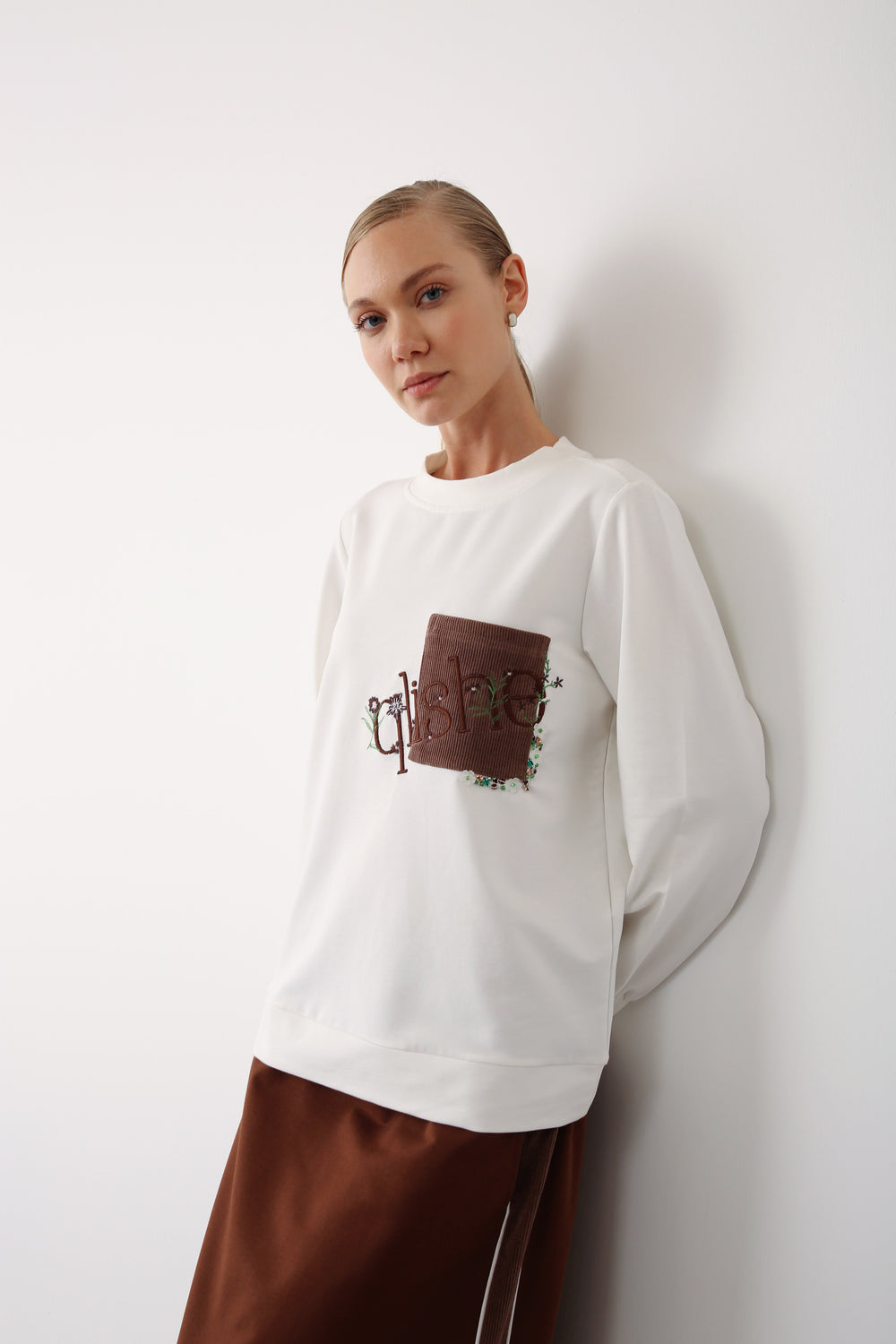 Embroidered Pocket Detail Sweatshirt - Brown - QLISHE