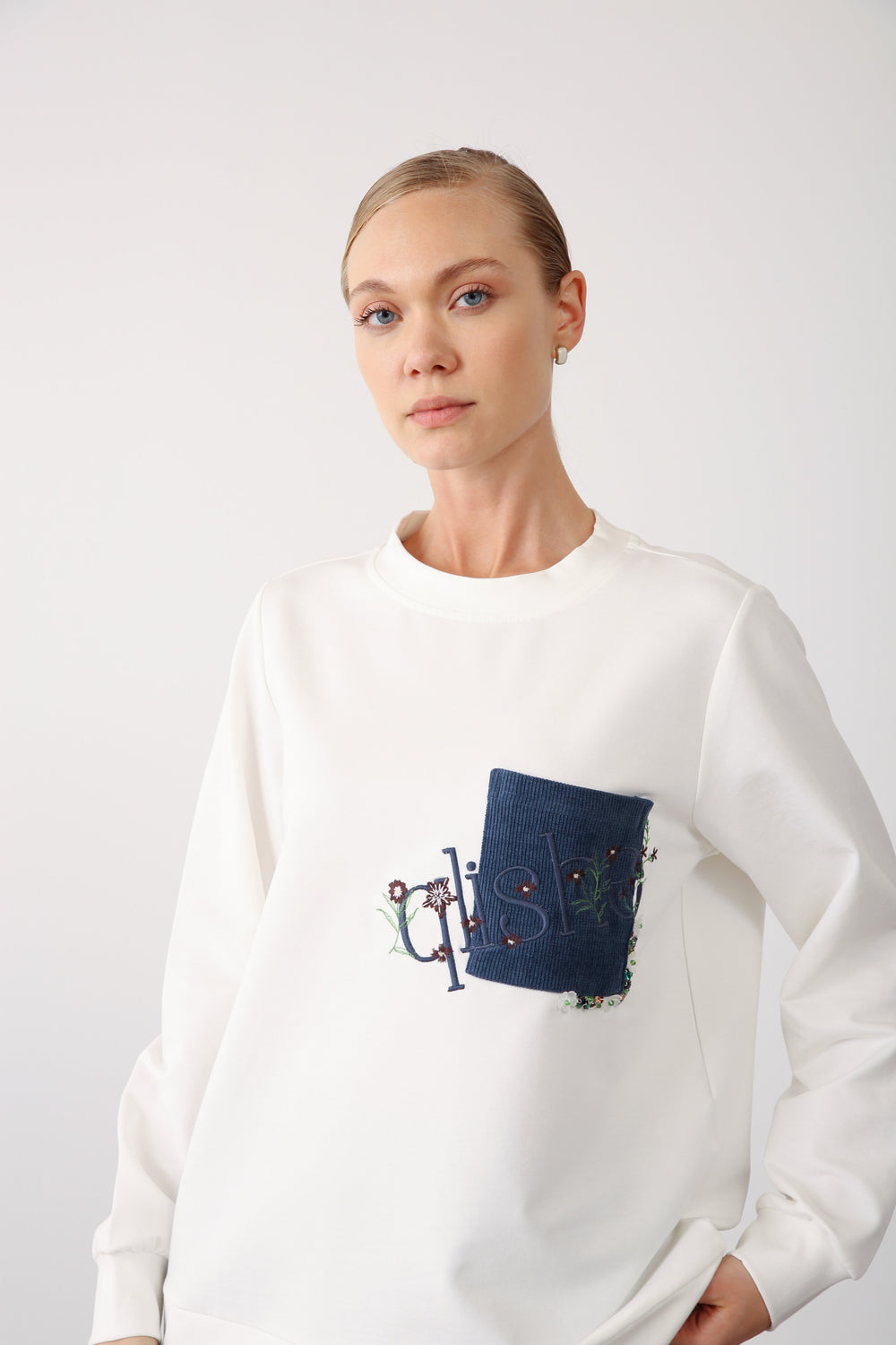Embroidered Pocket Detail Sweatshirt - Indigo - QLISHE