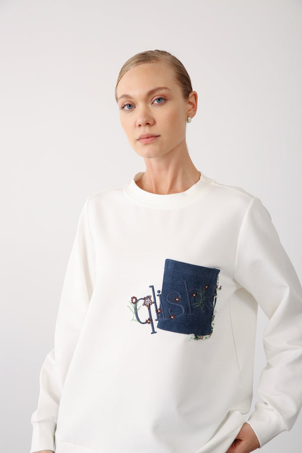 Embroidered Pocket Detail Sweatshirt - Indigo - QLISHE