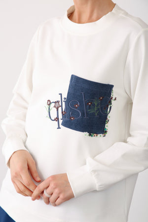 Embroidered Pocket Detail Sweatshirt - Indigo - QLISHE