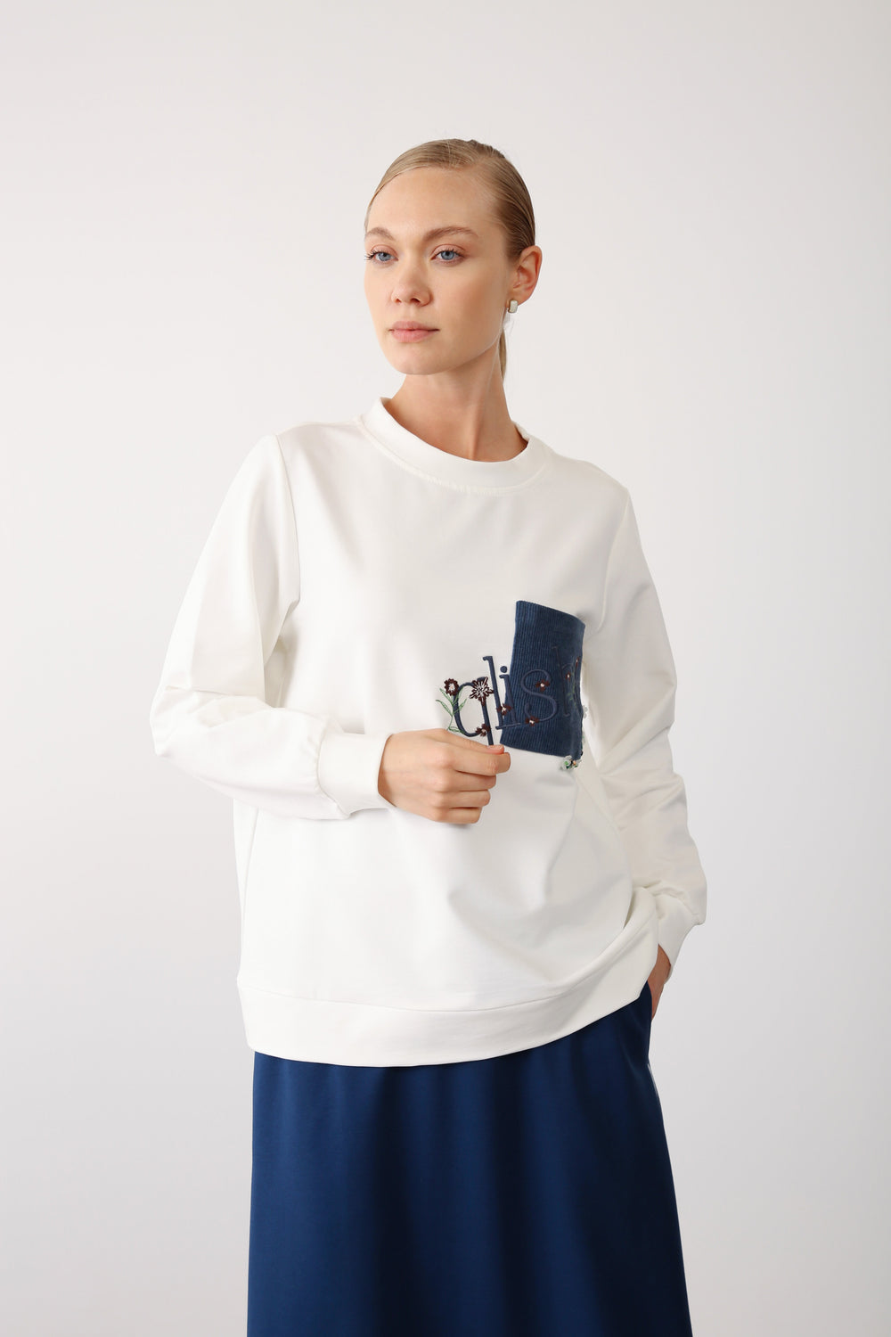 Embroidered Pocket Detail Sweatshirt - Indigo - QLISHE