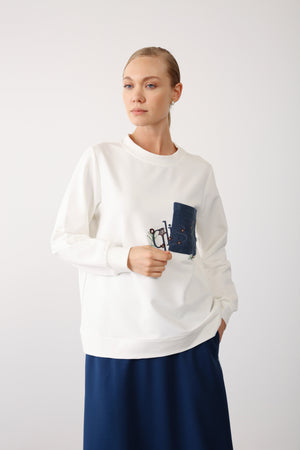 Embroidered Pocket Detail Sweatshirt - Indigo - QLISHE