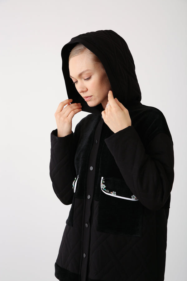 Embroidered Pocket Hooded Jacket – Black - QLISHE