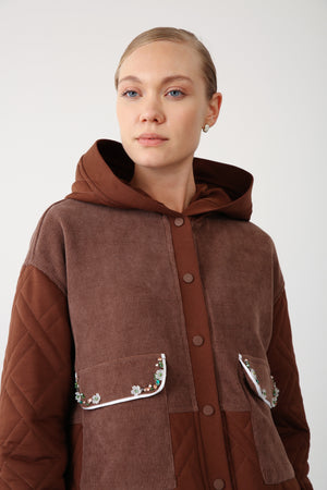 Embroidered Pocket Hooded Jacket – Brown - QLISHE