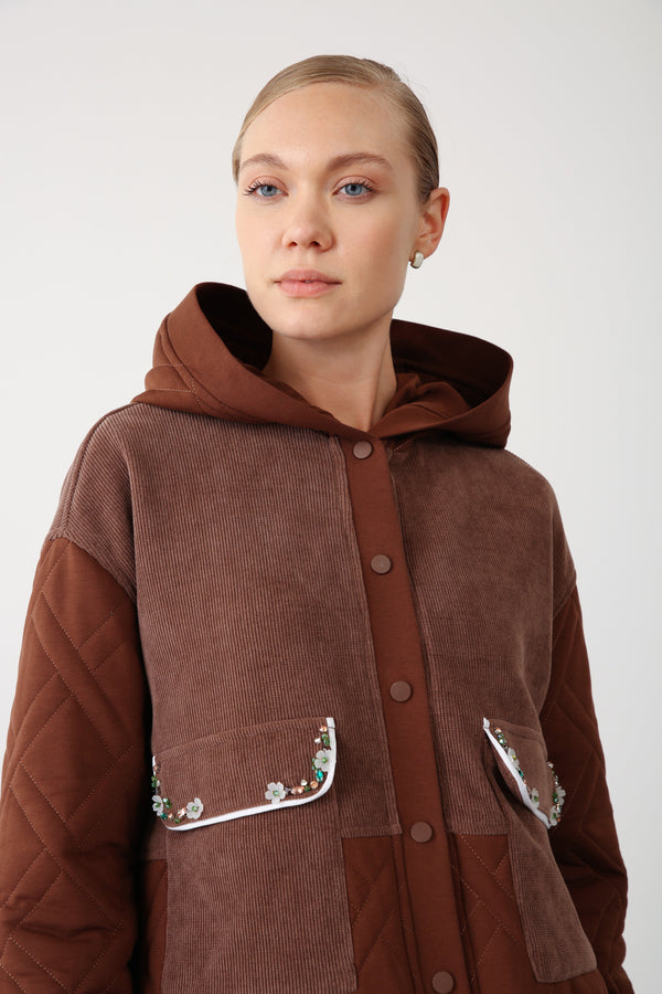 Embroidered Pocket Hooded Jacket – Brown - QLISHE