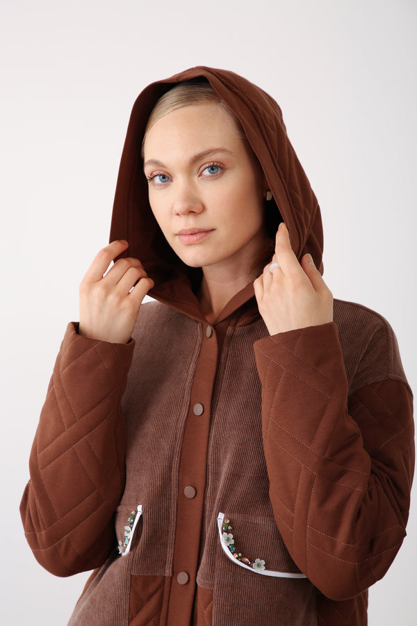Embroidered Pocket Hooded Jacket – Brown - QLISHE