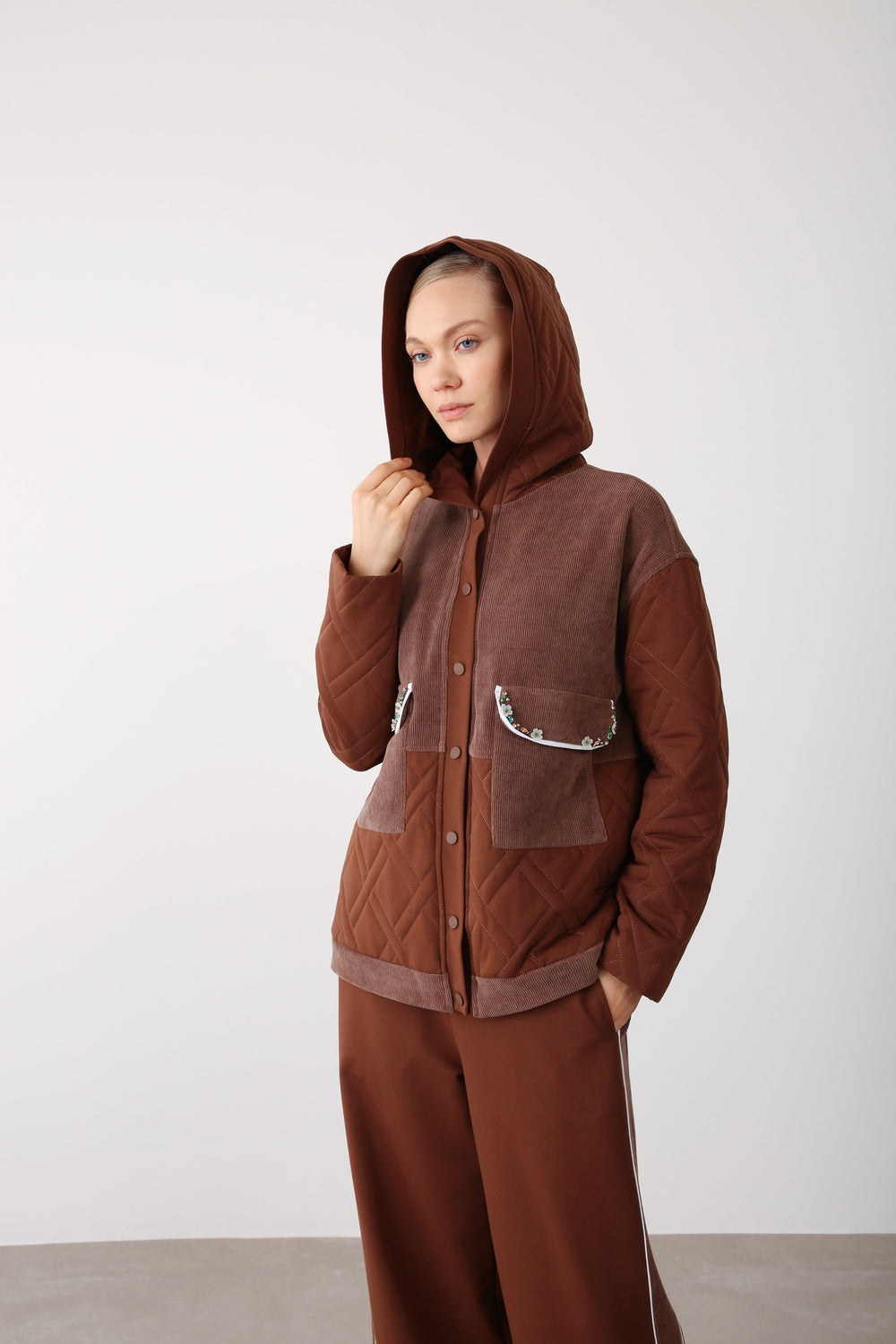 Embroidered Pocket Hooded Jacket – Brown - QLISHE
