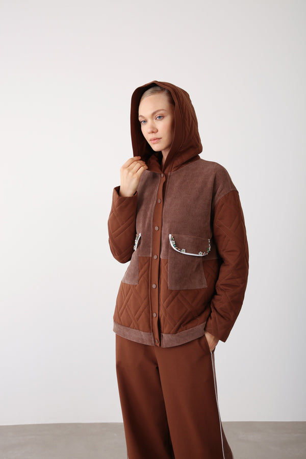 Embroidered Pocket Hooded Jacket – Brown - QLISHE