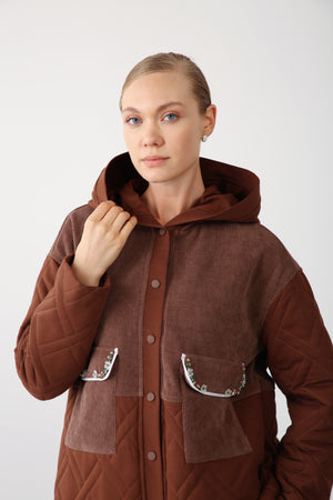 Embroidered Pocket Hooded Jacket – Brown - QLISHE