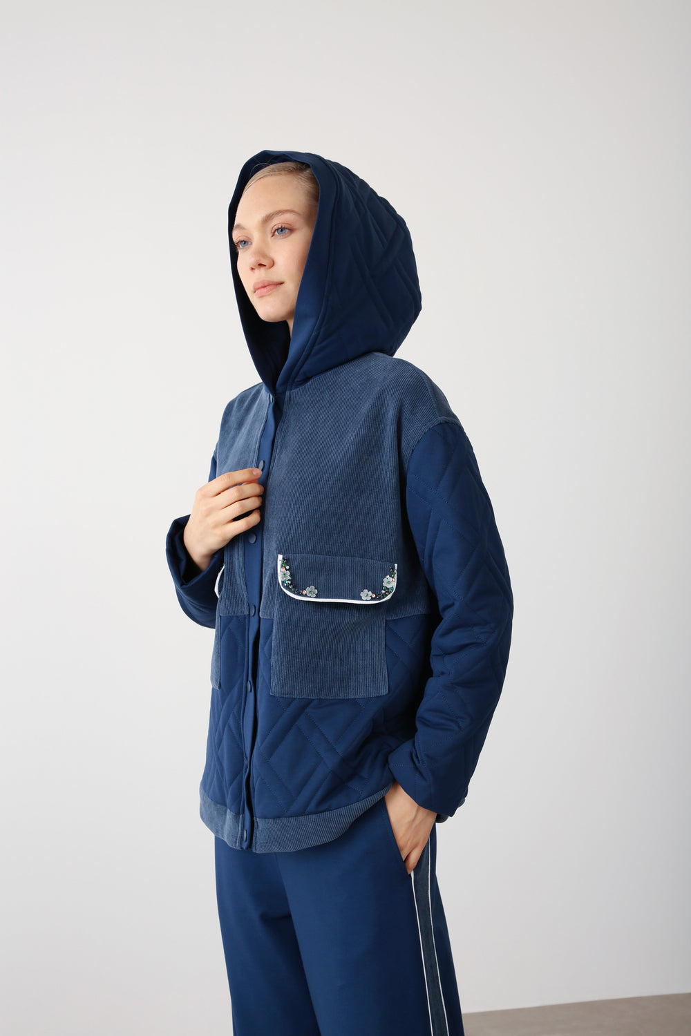 Embroidered Pocket Hooded Jacket – Indigo - QLISHE