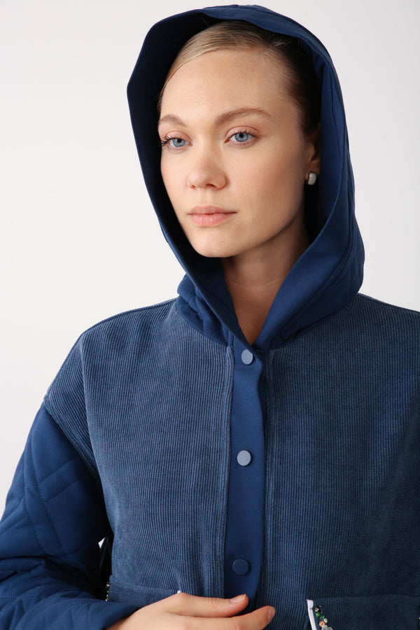 Embroidered Pocket Hooded Jacket – Indigo - QLISHE