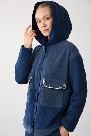 Embroidered Pocket Hooded Jacket – Indigo - QLISHE
