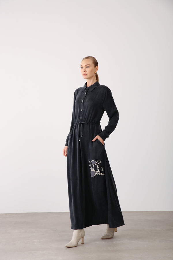 Floral Embroidered Button - Down Dress – Black - QLISHE