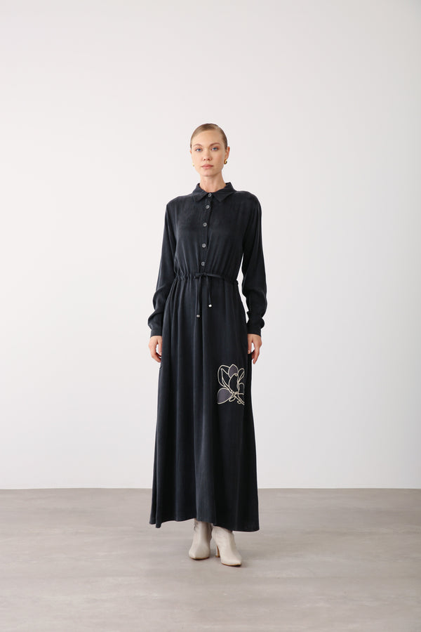 Floral Embroidered Button - Down Dress – Black - QLISHE