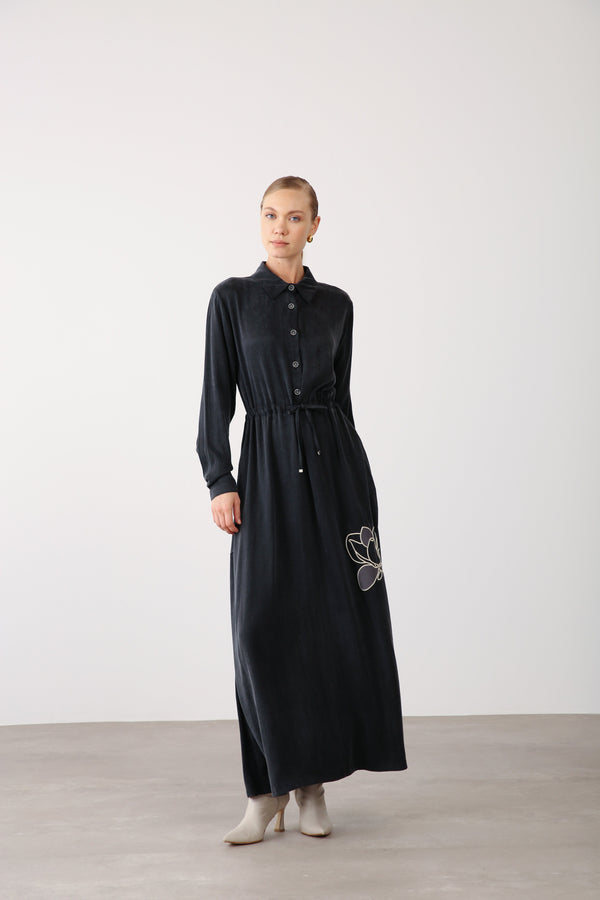 Floral Embroidered Button - Down Dress – Black - QLISHE