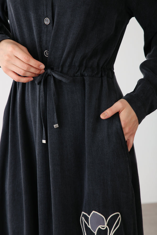 Floral Embroidered Button - Down Dress – Black - QLISHE