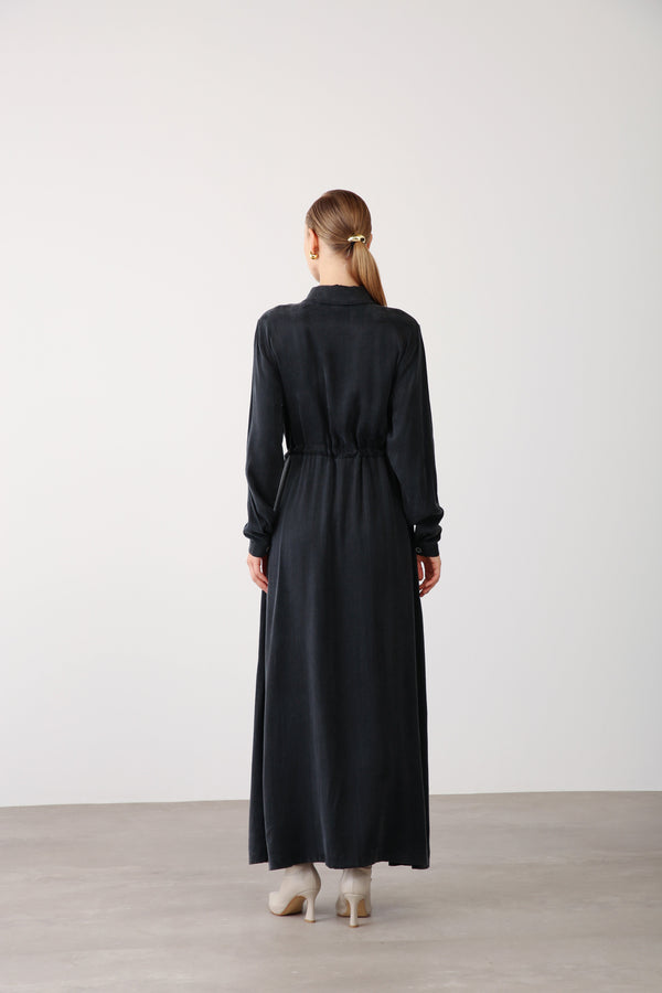 Floral Embroidered Button - Down Dress – Black - QLISHE