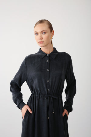 Floral Embroidered Button - Down Dress – Black - QLISHE