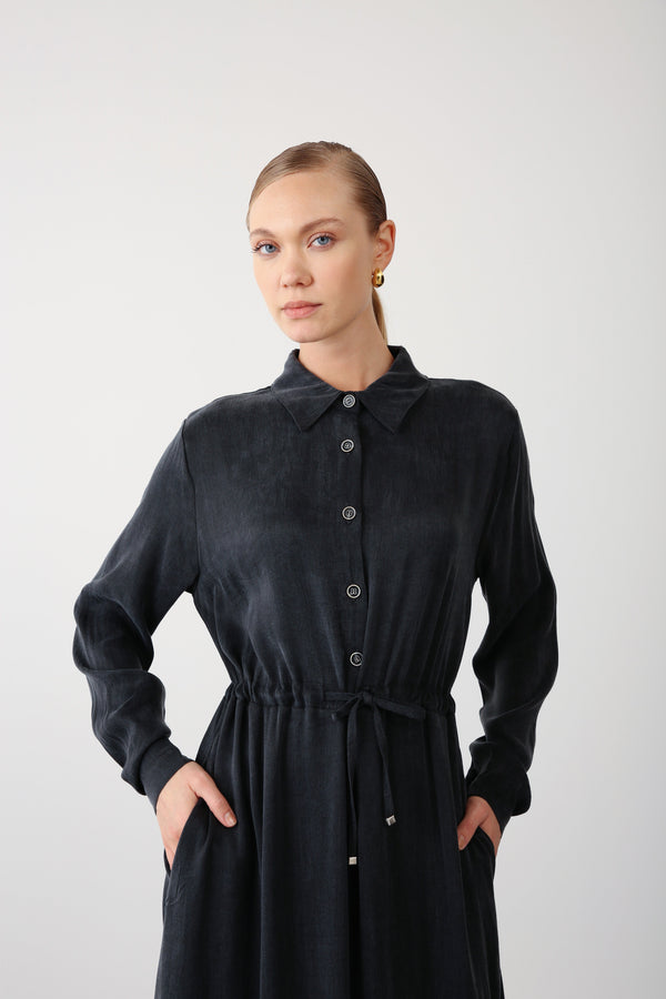 Floral Embroidered Button - Down Dress – Black - QLISHE