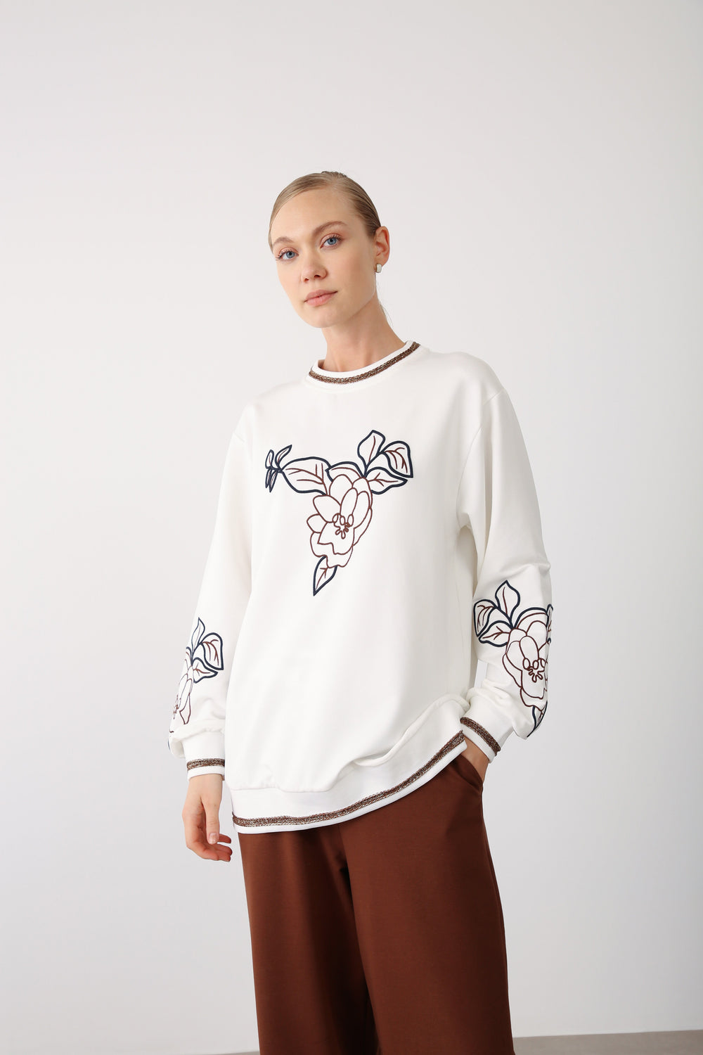 Floral Embroidered Sweatshirt - Brown - QLISHE