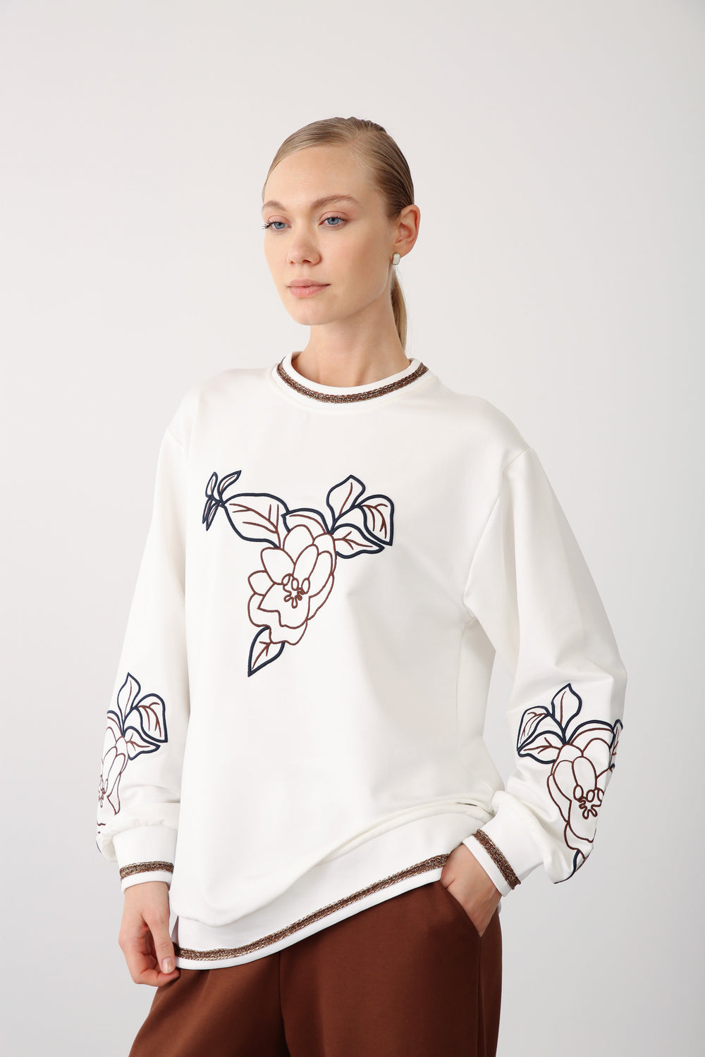 Floral Embroidered Sweatshirt - Brown - QLISHE
