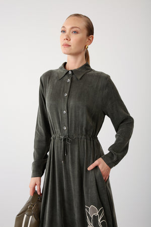 Floral Embroidery Detail Waist Tie Dress - Khaki - QLISHE