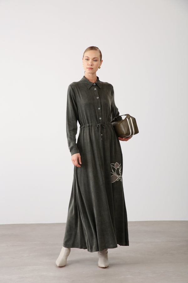 Floral Embroidery Detail Waist Tie Dress - Khaki - QLISHE