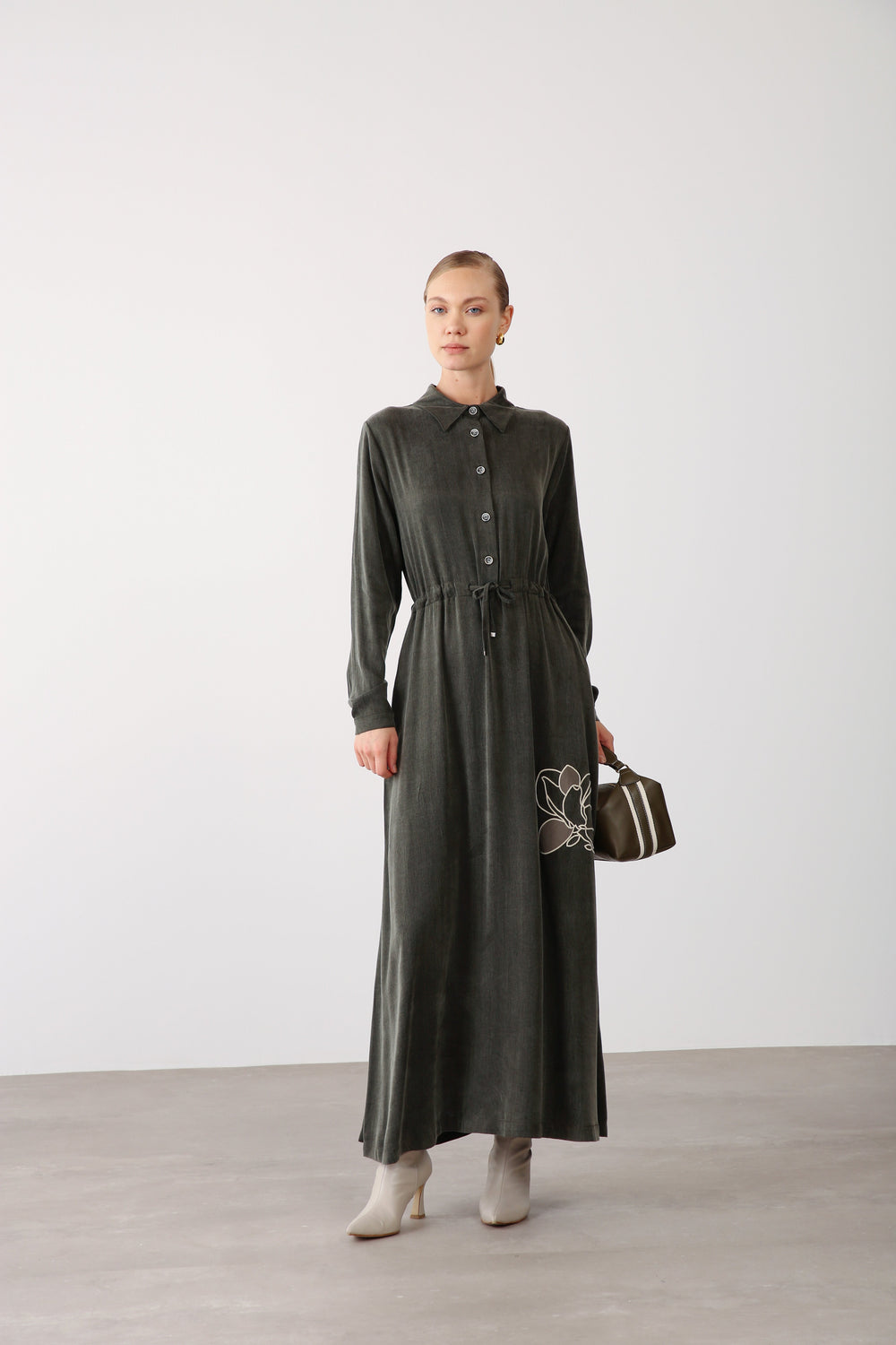 Floral Embroidery Detail Waist Tie Dress - Khaki - QLISHE