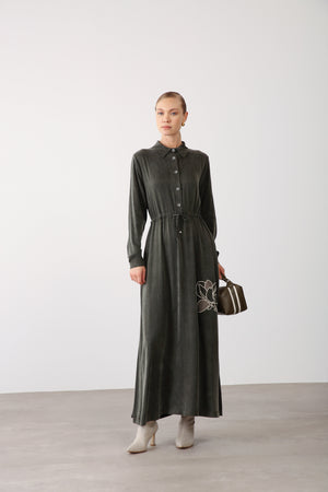 Floral Embroidery Detail Waist Tie Dress - Khaki - QLISHE